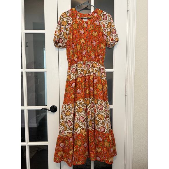 dRA Los Angeles Floral Tiered Midi Dress Smocked Waist Puff-Sleeve Orange Large - Picture 2 of 11